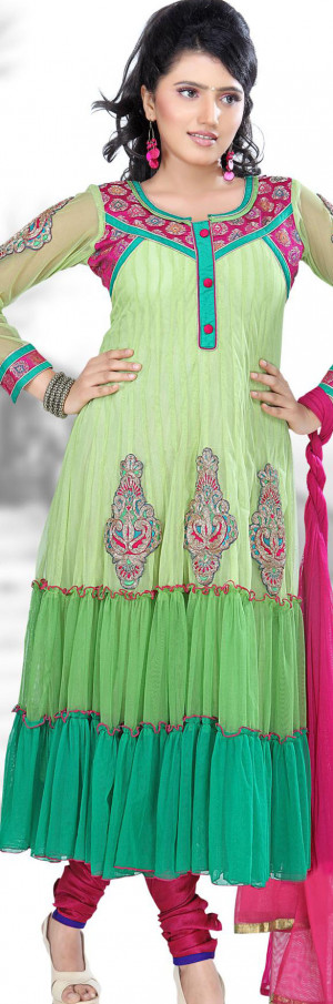 Deep Pink And Emerald Green Honeydew Full Net Anarkali Suit 14448