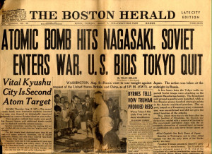... newspaper announcing the atomic bombing of Nagasaki by U.S. forces