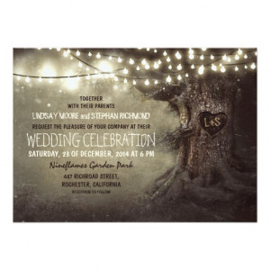 old carved tree twinkle lights rustic wedding 5x7 paper invitation ...