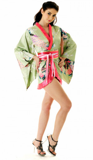 Mint green short kimono with sashes of salmon pink