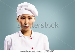 Asian woman chef drinking milk, milk mustache on her lips - stock ...