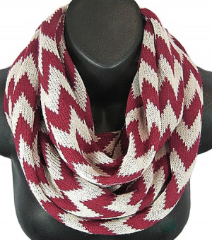 Knitted Chevron Infinity Scarf (Crimson and White)