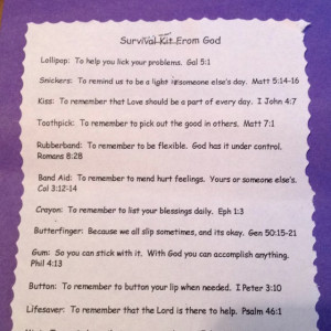 Survival kit from God. Using different treats and scripture verses for ...
