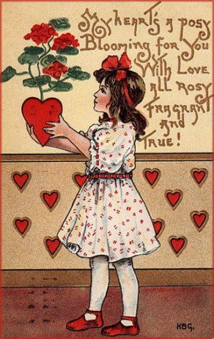 Little girl holding red roses in a pot shaped as a red heart. Lovely ...