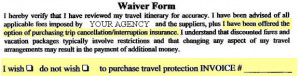 Sample travel insurance waiver from real travel agency