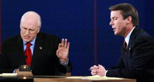 Vice President Cheney listens to Senator Edwards during their vice ...