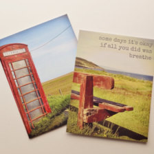 ... 4x6, old red british telephone box, inspirational quote, bench by the