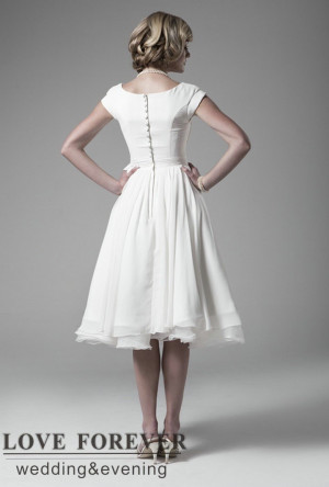 Best White Chiffon Organza Short Sleeve Tea Length Wedding Dresses ...