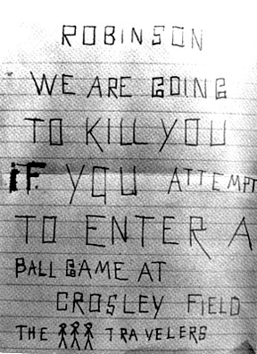 hand-written death threat sent to Jackie Robinson, the first African ...