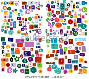 alphabet; grouped magazine cutout letters - stock vector