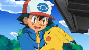 Ash drží svého Pikachu. (Ash Ketchum)
