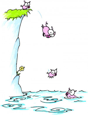 cartoon illustration of pink pigs jumping off a cliff and swimming