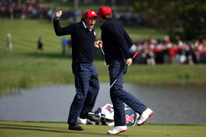 ... Phil Mickelson and Keegan Bradley of the U.S. celebrate on the 15th
