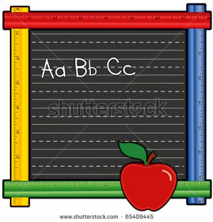 ABC. Chalk writing on practice lines, colorful ruler frame blackboard ...