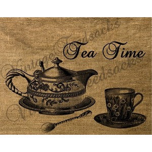 Vintage Tea Time Tea Pot Tea Cup Feedsack Burlap Iron on Transfer Dig ...