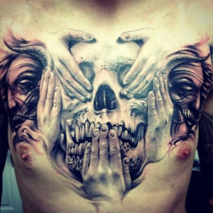 Totenkopf Hände 3D Brust Tattoo