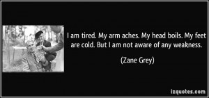 am tired. My arm aches. My head boils. My feet are cold. But I am ...