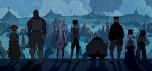 The heroes look out and survey the restored city of Atlantis.