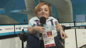 Stella Young commentates at the 2012 Paralympics in London (ABC News)