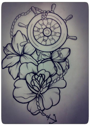 ship wheel #nautical #tattoo #flowers #lily #rose #tinysailor