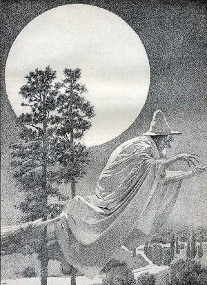 Vintage Maxfield Parrish Flying Witch Illustration