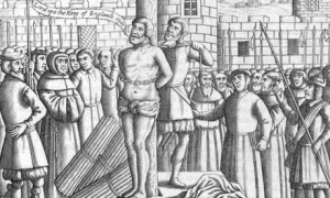 ... being tied to a stake before being strangled and burnt to death