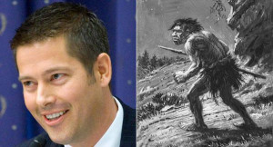 Sean Duffy (left) and artwork of a Neanderthal are pictured. | AP ...