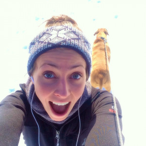 running in the snow with roadie selfie