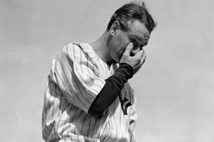 Lou Gehrig wipes away a tear during his farewell speech on July 4 ...