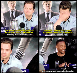 too perfect. Anthony Mackie and Samuel Jackson giving Sebastian Stan ...