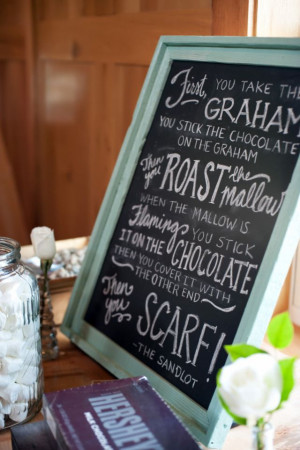 Wedding decoration for s'mores bar. DIY chalkboard with quote from ...