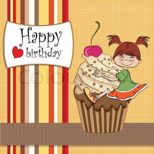 Stock vector of 'Birthday card with funny girl perched on cupcake'