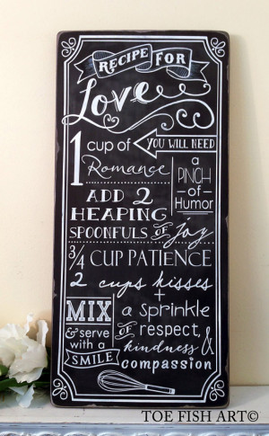 Recipe for Love CHALKBOARD Typography Word Art Sign on Wood