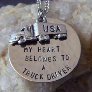 ... Heart Belongs to a Truck Driver Handstamped Necklace with Semi Truck