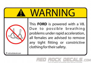 Funny Sticker No Bra Warning For V8 Ford - Red Rock Decals