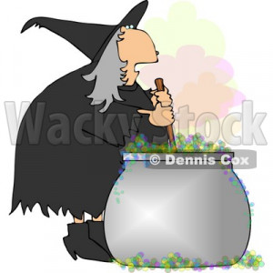 Wicked Witch Stirring a Magical Potion in a Cauldron with a Wooden ...