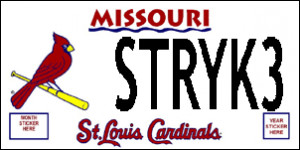 ... personalized license plate featuring the St. Louis Cardinals logo