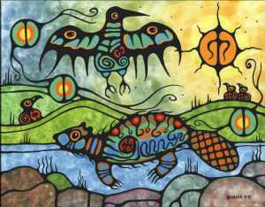 Native American Style Woodland Painting showing a Swimming Beaver and ...