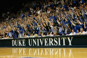 DURHAM, NC - FEBRUARY 11: Duke Blue Devils fans hold up their hands ...