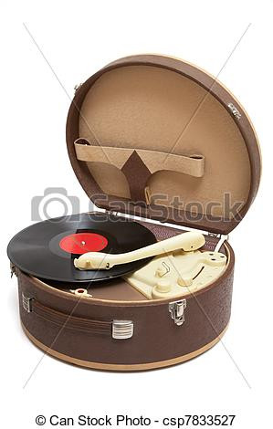 Vintage record player with vinyl record isolated on a white