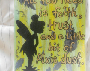 ... Hand Painted / Quote Canvas Panel / Tinkerbell Quote / Green & Yellow