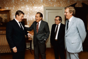 ... Baker and Edmund Muskie share a joke at the White House reception