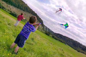 Stock photo : Two young boys flying their kites in a meadow.