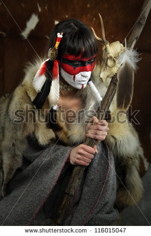 Painted face, native american woman with war mask. Cracked paint ...