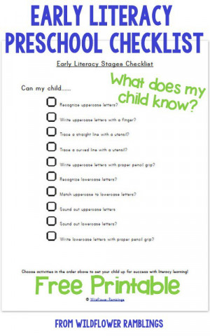 early literacy stages checklist for preschool {free printable ...