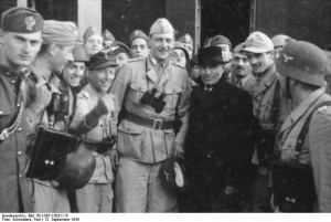 Otto Skorzeny, Harald Mors, and Benito Mussolini in front of