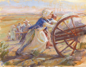 women pioneers pushing handcarts