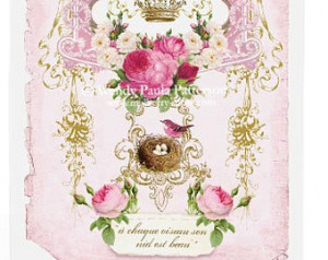 Birds nest with eggs, greeting card, vintage style, French quote, pink ...