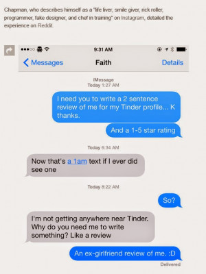 Guy Gets Ex-Girlfriends To Write Tinder Reviews For Him (5 pics)
