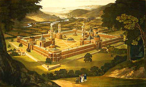 New Harmony, a utopian attempt; depicted as proposed by Robert Owen